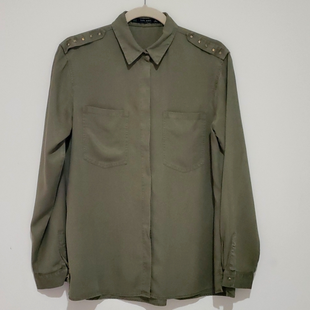 Zara Button Down Army Green Shirt
